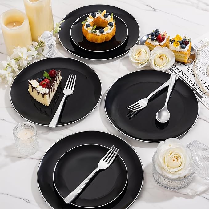 bUCLA 100PCS Black Plastic Plates - Heavy Duty Black Disposable with Silver Rim Include 50 Each (10 inch Dinner & 7 inch Dessert) Plates, Ideal for Party & New Year