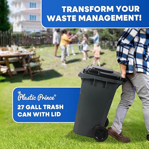 27 Gallon Trash Can with Wheels Plastic Rollout Outdoor Trash Can with Lid Outside Garbage Can with Wheels and Lid Commercial Heavy-Duty Container, Gray