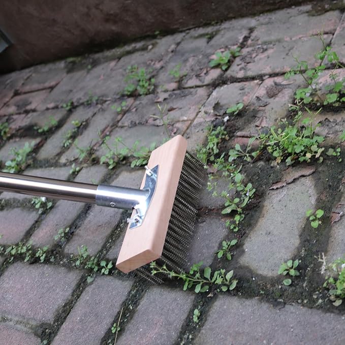 MAXMAN Stainless Steel Floor Scrubber Scrub Brush with Long Handle, Deck Brush, 63" Heavy Duty Outdoor Push Broom, Moss Remover, Wire Scratch Brush for Scrubbing Concrete, Patio, Garage, 2 Brush Head