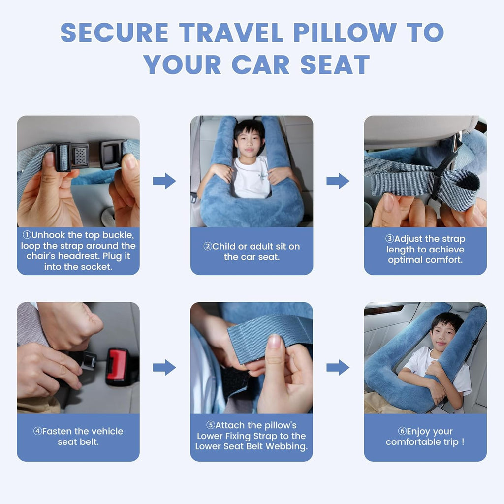 Car Pillow for Kids, Professional Kids Car Pillow for Sleeping Inflatable Carseat Travel - Safe, Reliable - Travel Pillows for Kid Adult Car Seats Blue