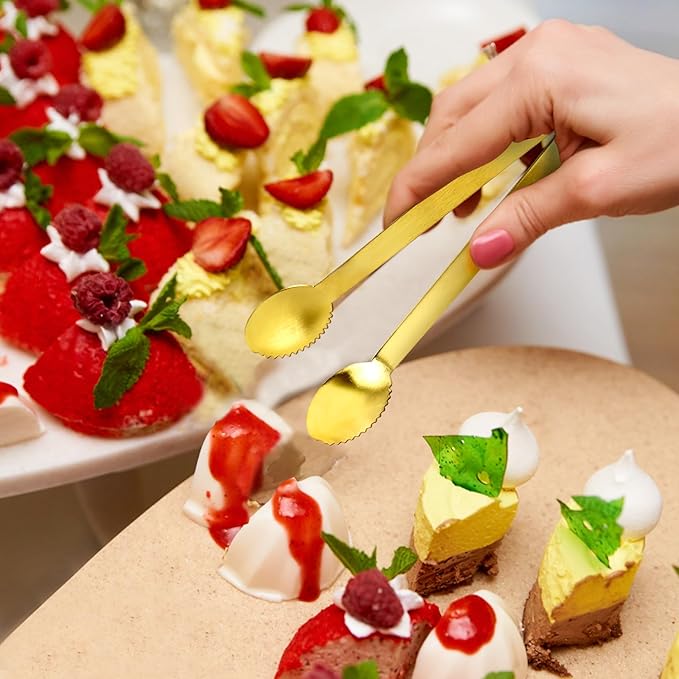JCREN 12 Pcs Gold Tongs - Stainless Steel Serving Tongs for Food, Appetizers, Desserts - 4.9inch
