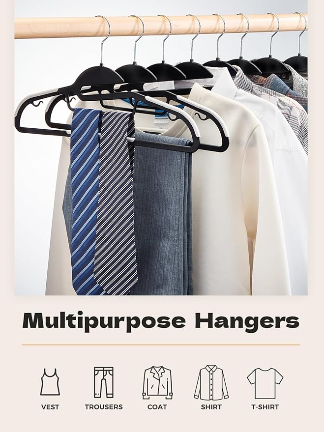 HOUSE DAY Black Plastic Hangers 30 Pack, Slim Space Saving, Non Slip Clothes Hangers with Rubber Pads, Sturdy Heavy Duty Coat Hanger for Closet, S-Shaped Hanger for Shirt, Suit, Pant, Skirt