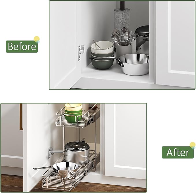 2 Tier Individual Pull Out Cabinet Organizer 7½" W x 21½" D, Heavy Duty Cabinet Pull Out Shelves, Slide Out Drawers Organization for Kitchen Cabinets Bathroom