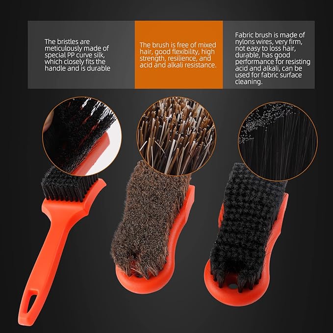 SPTA 3Pcs Car Detailing Brush Kit, Leather & Textile Interior Brush, Comfortable Grip and Scratch-Free Cleaning for Dashboard, Wheels, Seats, Foot Mats and Small Areas, Black
