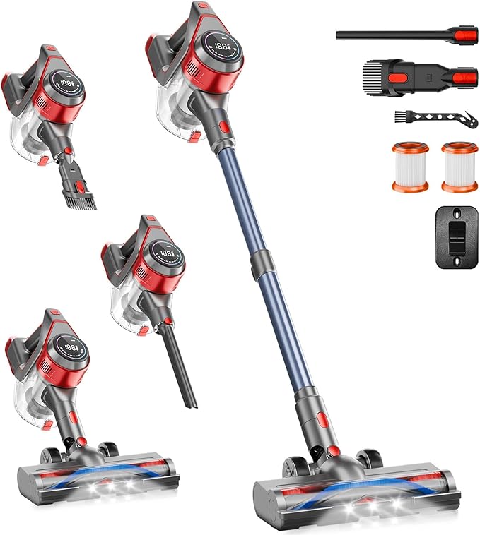 Cordless Stick Vacuum Cleaner - Rechargeable, 35Kpa Powerful Vacuums with Detachable Battery Display, Max 45Mins Runtime, 8 in 1 Handheld Vacuum for Hardfloor & Carpets Pet Hair