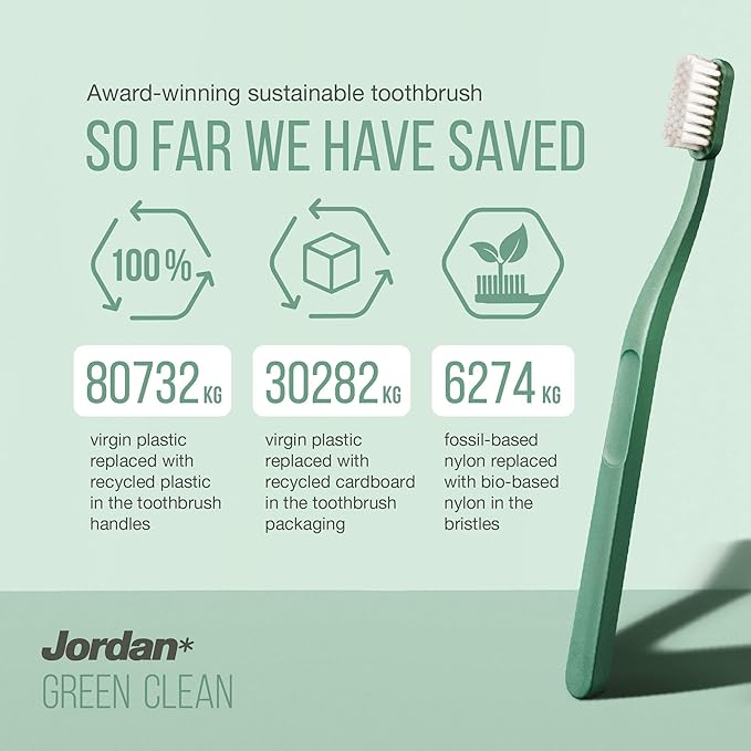 Jordan Green Clean Manual Toothbrush - Sustainable, Scandinavian Design, Soft Bristles, Mixed Colors, 4 Units