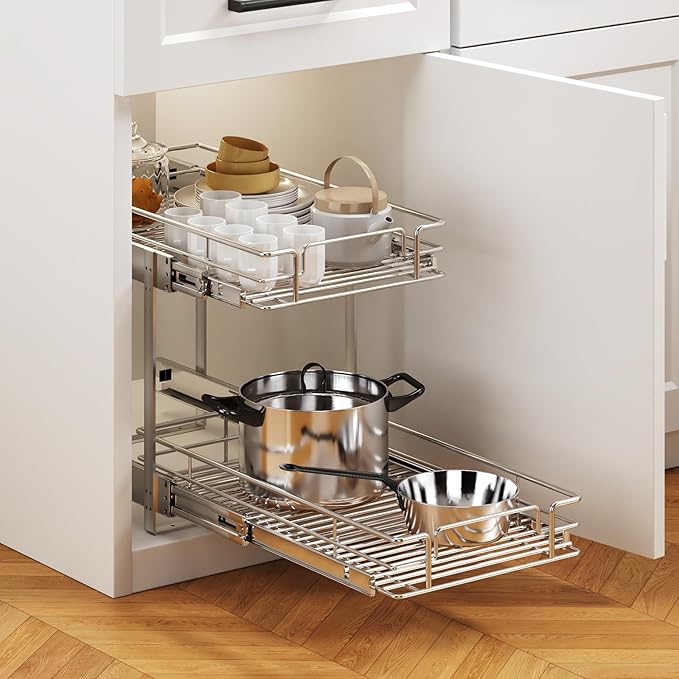 2 Tier Individual Pull Out Cabinet Organizer 14½" W x 21½" D, Heavy Duty Cabinet Pull Out Shelves, Slide Out Drawers Organization for Kitchen Cabinets Bathroom
