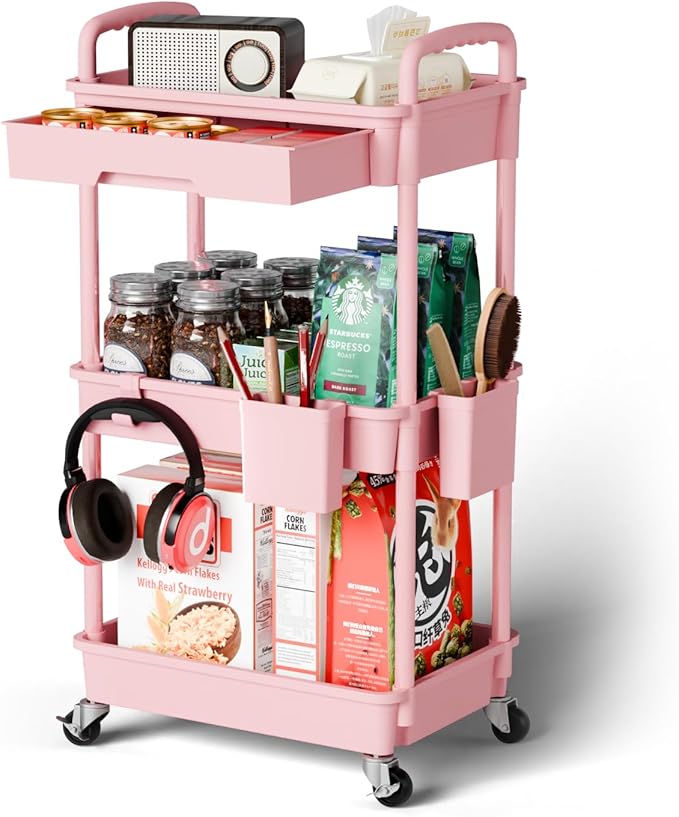 3 Tier Rolling Cart Organizer,Laundry Room Bathroom Organizers and Storage Office Shelves Mobile Shelving Unit Kitchen Trolley Cart with Wheels for Art,Craft,Diaper,Bedside,Snack(Pink)