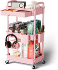 3 Tier Rolling Cart Organizer,Laundry Room Bathroom Organizers and Storage Office Shelves Mobile Shelving Unit Kitchen Trolley Cart with Wheels for Art,Craft,Diaper,Bedside,Snack(Pink)