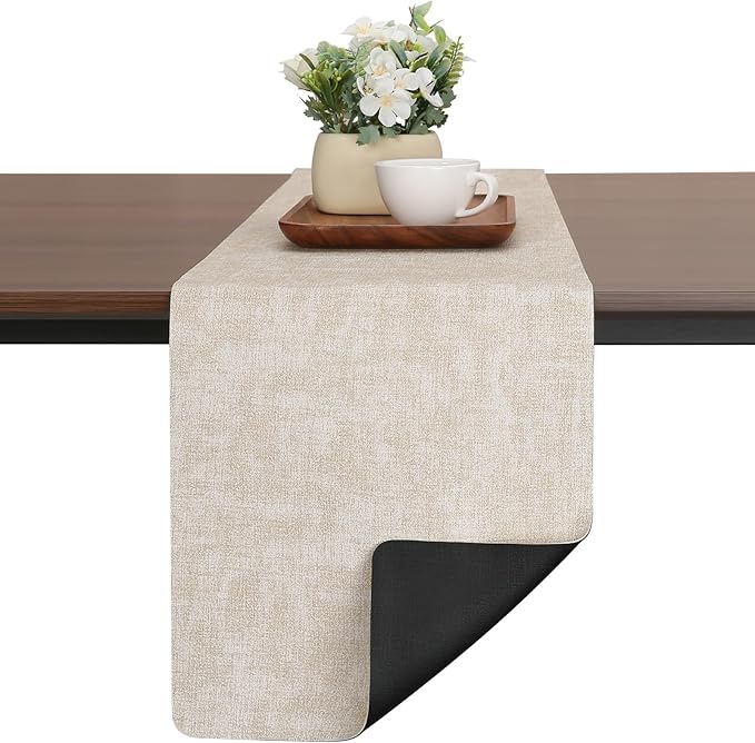 Table Runners 55 Inches Long, Dual-Sided Faux Leather Farmhouse Table Runner Waterproof Non-Slip for Living Room Party Home Decor Holiday Decorations(Cream-White Black, 12 x 55 Inch)