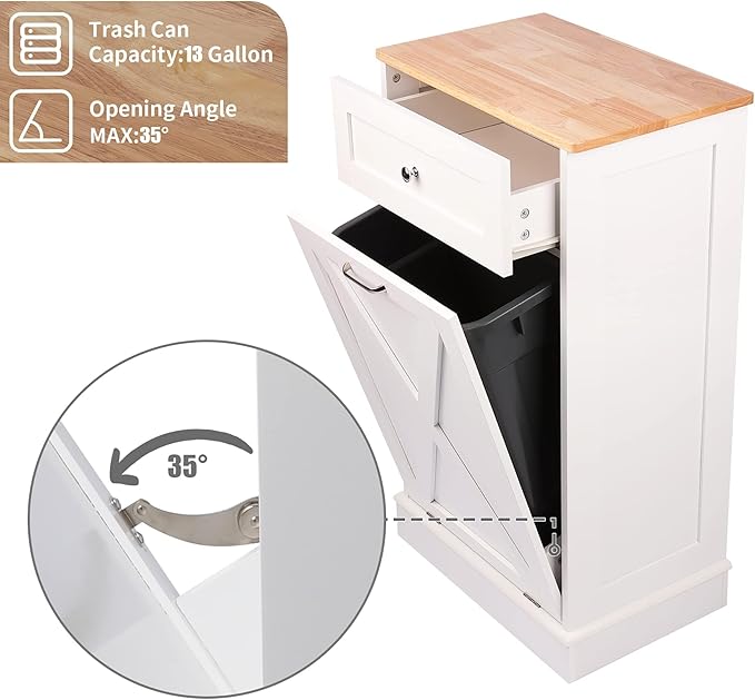 Betterhood Tilt Out Trash Cabinet 10 Gallon Wooden Free Standing Laundry Sorter Cabinet,Recycling Cabine with Hideaway Drawer,Tilt Out Trash Cabine Can Bin Kitchen (White)