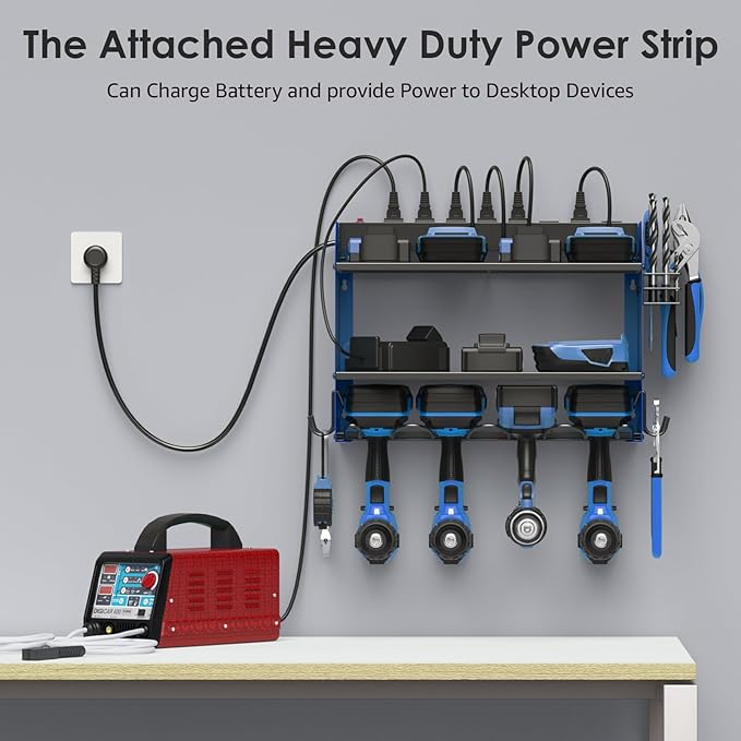 CCCEI Set Power Tool Organizer Wall Mount with Charging Station. Garage 4 Drill Storage Shelf with Hooks, Heavy Duty Metal Tool Battery Charger Organizer. Shop Utility Rack with Power Strip Blue.