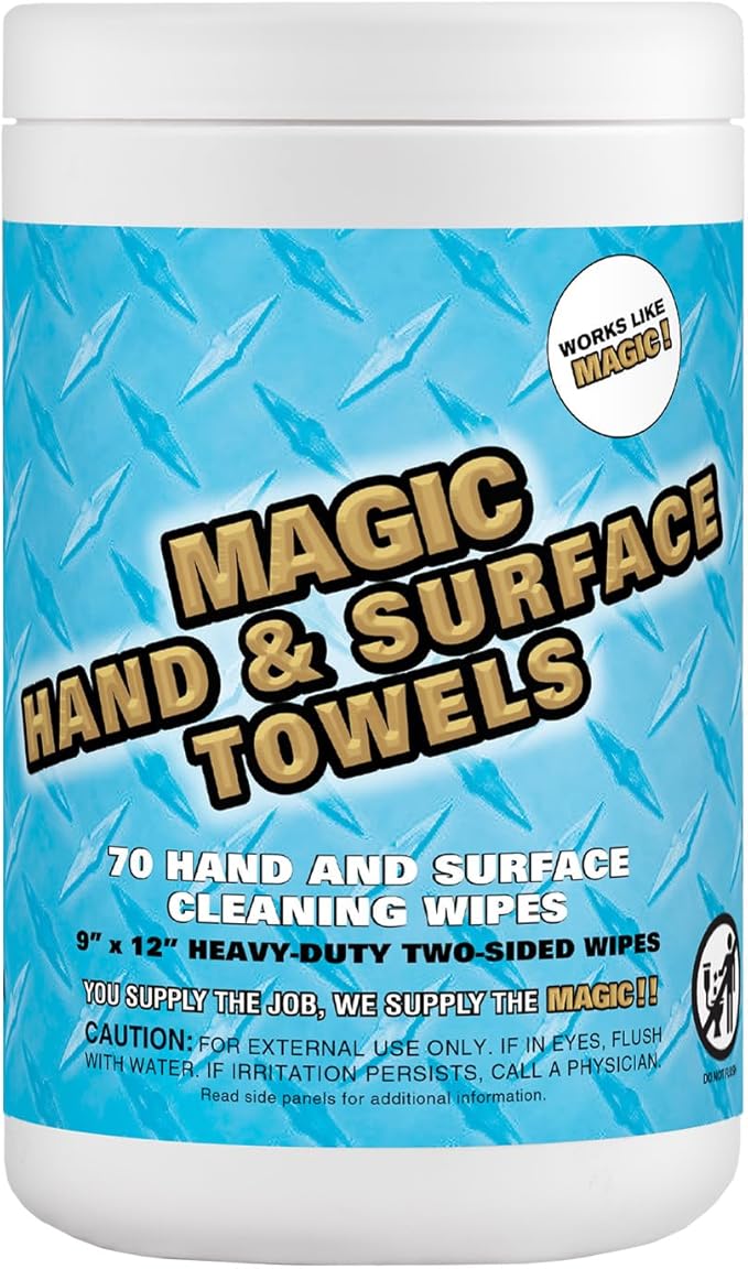 Magic Heavy Duty Cleaning Wipes - Dual Sided Hand & Surface Shop Towels | Professional-grade Cleaning | Waterless | Moisturizing | Cleans Grease, Oil, Dirt, & more (6 Pack | 420 Sheets Total)