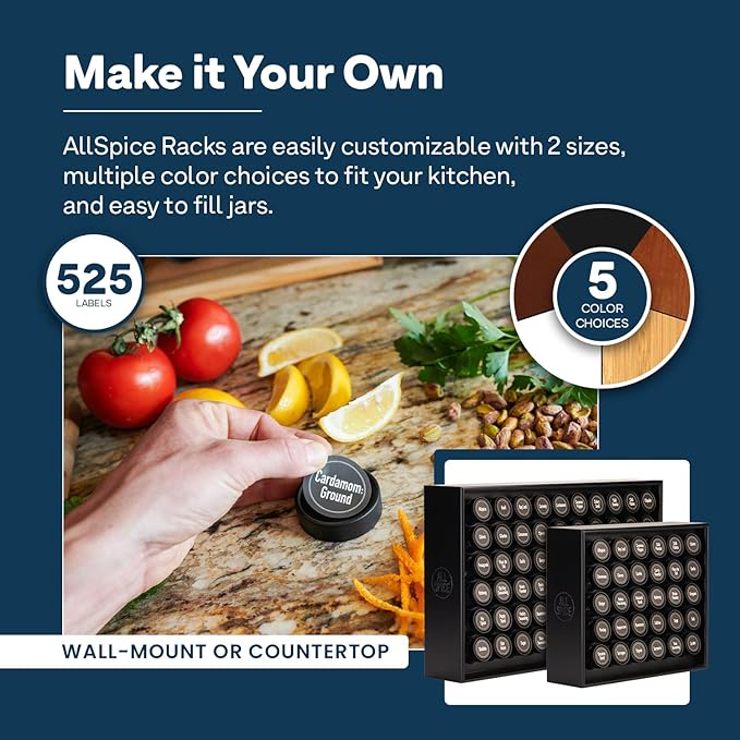 AllSpice Spice Rack Organizer, Wood, 525 Unique Labels, Countertop or Wall Mount, Includes 60 4oz Jars- Matte Black