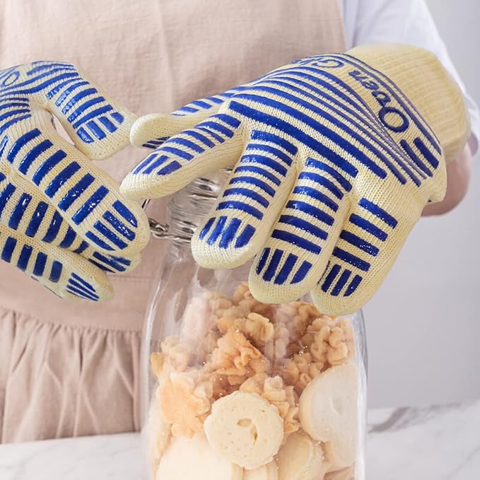 Oven Gloves, Heat Resistant 540 Degrees Grilling Gloves, Hot Surface Handler Non-Slip Silicone Oven Mitts with Fingers, BBQ Gloves for Cooking/Kitchen/Baking, Pack of 2