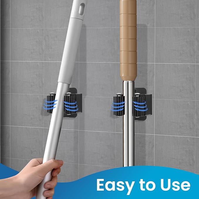 Broom Holder Wall Mount, 7PCS Broom Hanger Wall Mount, Stainless Steel Heavy Duty Mop Holder Broom Mop Hanger Wall with Screws, Garden Outdoor Tool Organizer Rack Broom Hanger (Black)