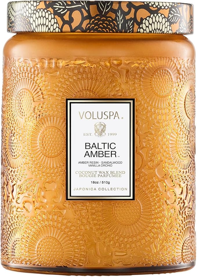 Voluspa Baltic Amber, Large Candle Jar, 18 oz, 100 Hour Burn Time, Coconut Wax for Clean Burning, Handcrafted in the USA