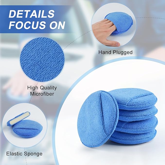 Wax Applicator Pad (8 Pack), 5 Inch Microfiber Applicator Pad with Finger Pocket, Washable Reusable Polishing Pads, Buffing Pads for Car Cleaning, Polishing and Detailing