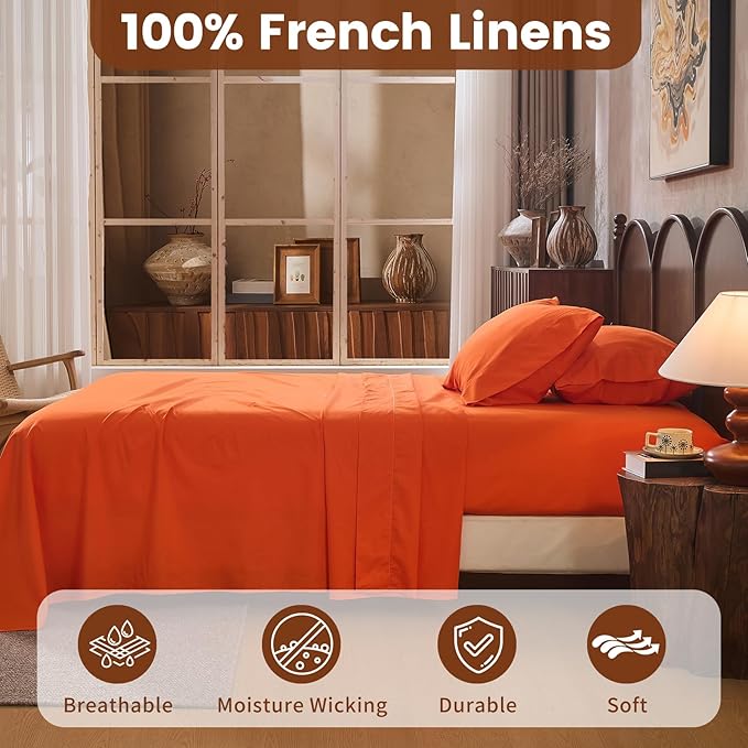 100% Linen Sheets King Size,Breathable & Durable 4-Piece Bed Flax Sheet Set,Soft All-Season Bedding for Hot Sleepers 16" Deep Pocket Oeko-TEX Certified,（King, Orange）