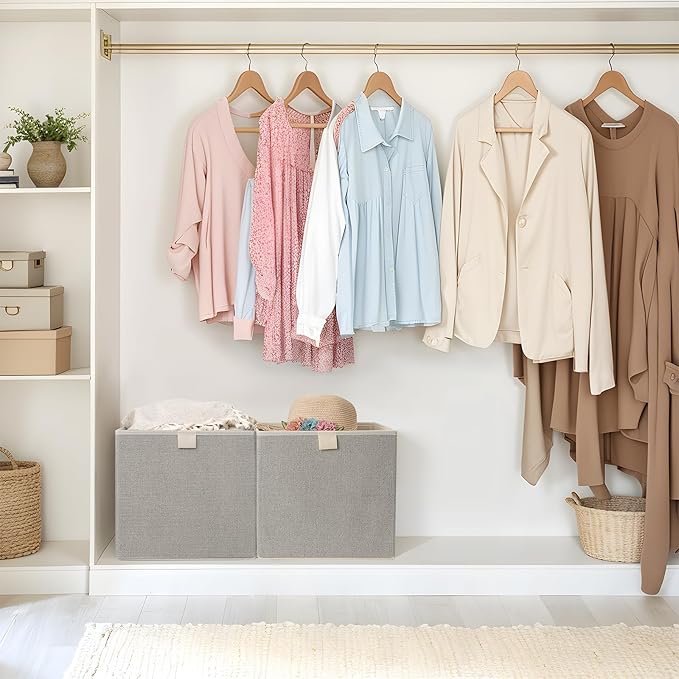 Storage Baskets, 11.8-Inch Woven Fabric Bins, Storage Cubes with Reinforced Handles, Organizer Bins for Closet Shelves, Foldable, for Toys, Clothes, Natural Beige (2PCS/Beige-11.8*11.8*11.8inch)