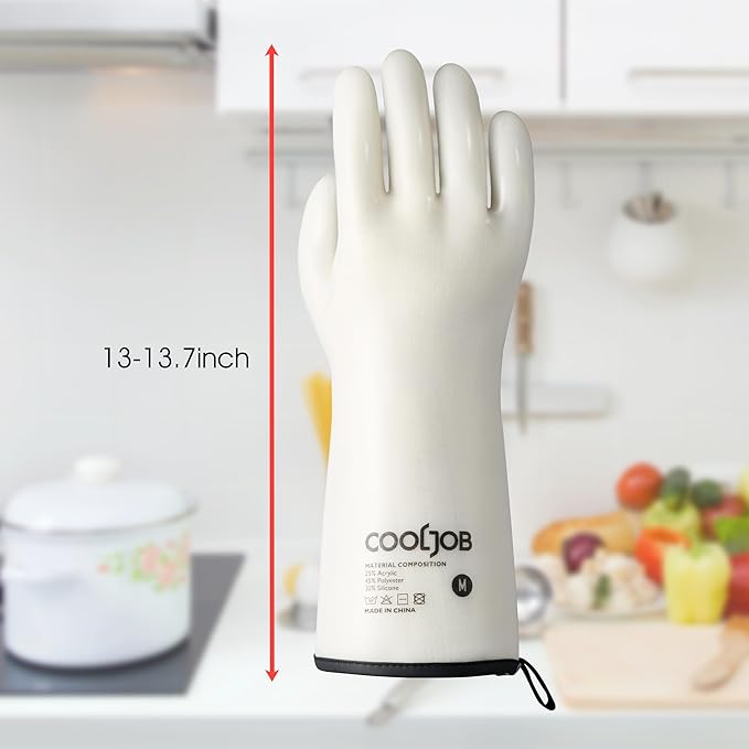 COOLJOB Heat Resistant Oven Gloves, Waterproof Liquid Silicone BBQ Grilling Gloves for Barbecue, Kitchen Cleaning, Baking, Food Contact, White, Medium