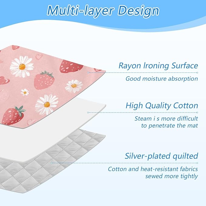 Pink Floral Strawberry Hearts Ironing Mat for Table top Portable Ironing Pad Blanket for Washer Dryer Countertop Travel