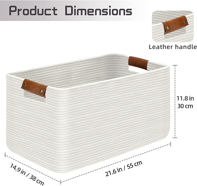 Large Collapsible Laundry Basket, Clothes Hamper for Blanket, Toy, Towels, Woven Baskets for Storage, Nursery Home Decor Living room 21.6" x 15" x 11.8" White