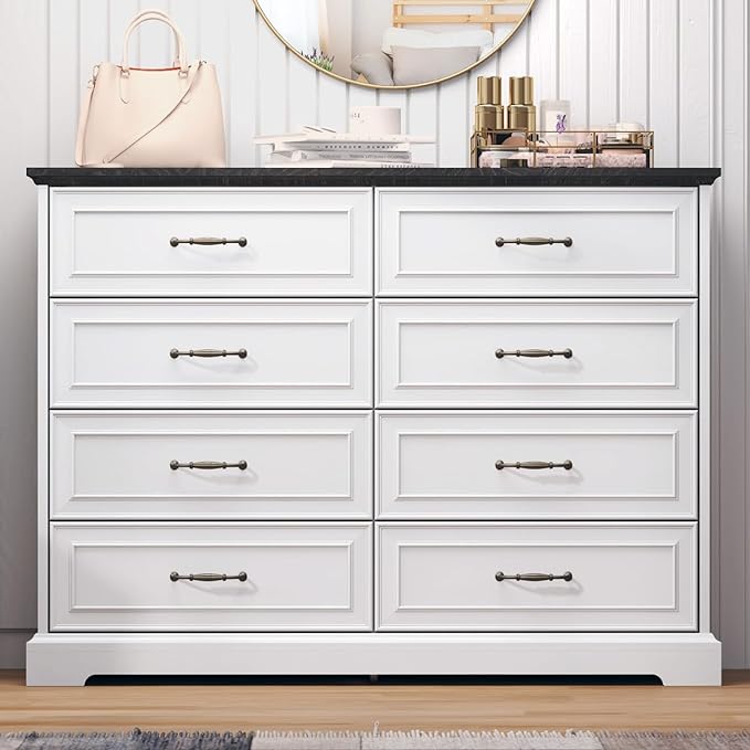8 Drawer Dresser for Bedroom, 47" Wide Wooden Chest of Drawers, Rustic Farmhouse Dresser with Large Drawers & Metal Handles, Modern Storage Organizer for Closet, Living Room, Hallway, White