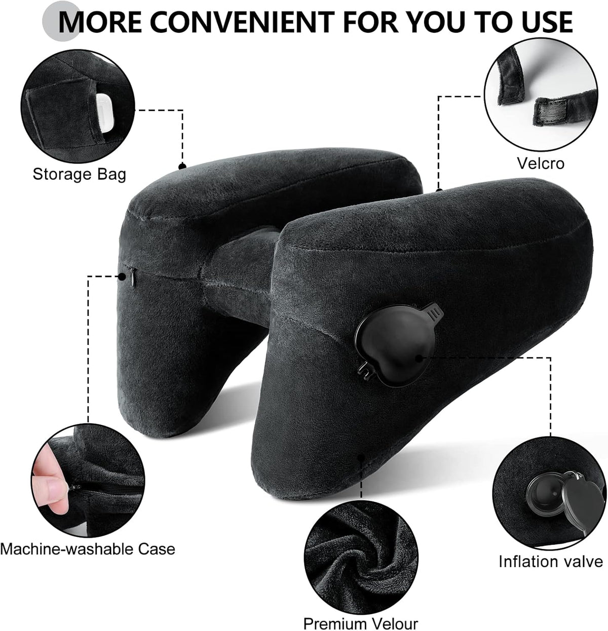 Neck Pillow for Travel Inflatable Airplane Pillow Comfortably Supports Head,Neck and Chin,Inflatable Travel Pillow with Soft Velour Cover,Hat,Portable Drawstring Bag (Black)
