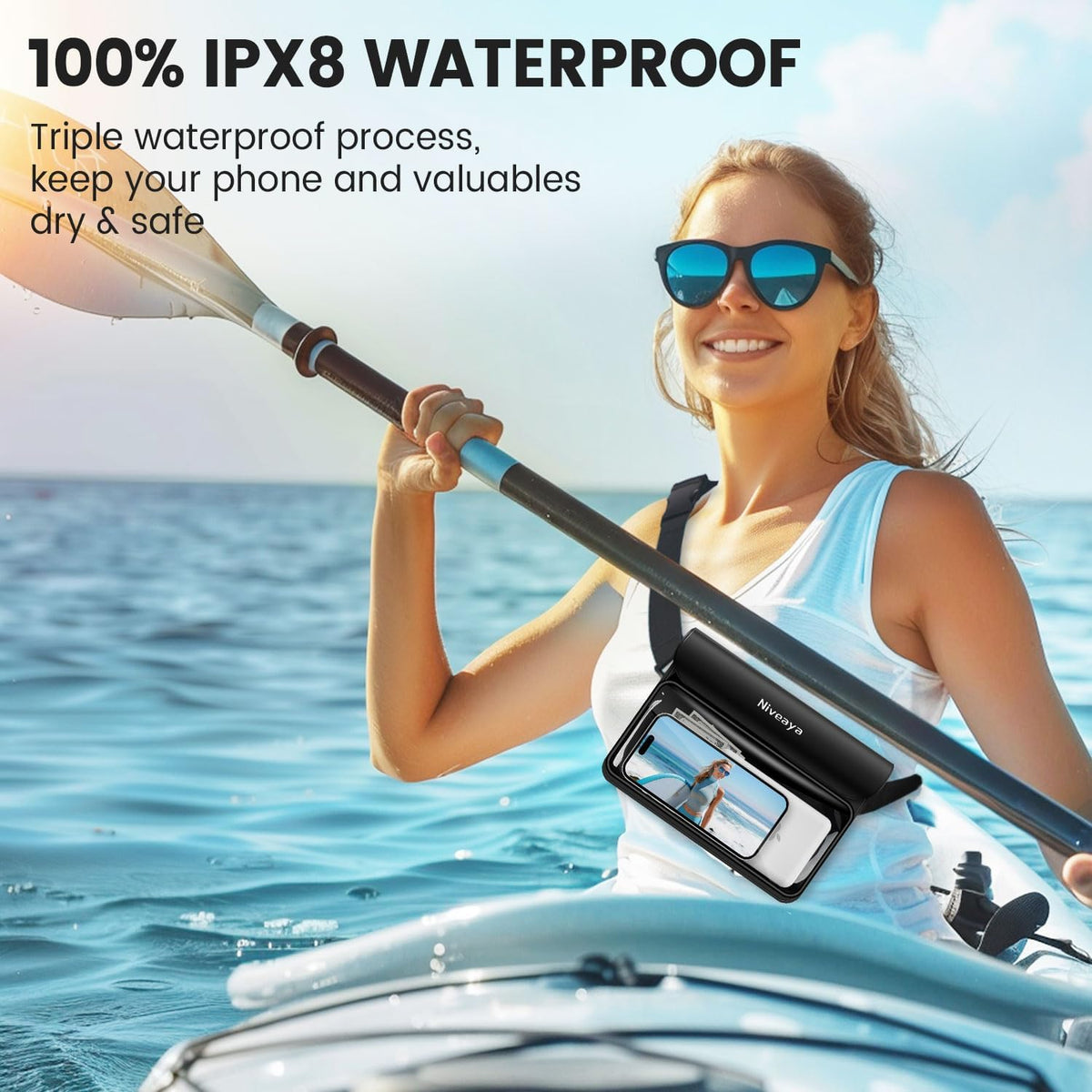 Niveaya IP68 Waterproof Fanny Pack - 2 Pack, Floating Dry Bag Pouch, Phone Waterproof Waist Pouch Dry Bag, Beach, Kayaking, Swimming, Boat Essentials, for iPhone 16/15/14/13/12 Pro Max up to 9.5"