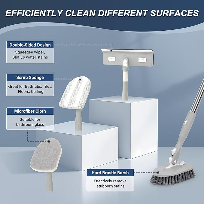Tile Tub Floor Cleaner Scrubber With Long Handle - 5-in-1 Shower Brush Set for Bathroom, Kitchen, Walls, Sink - Includes Window Scraper and 3 Detachable No Scratch Heads