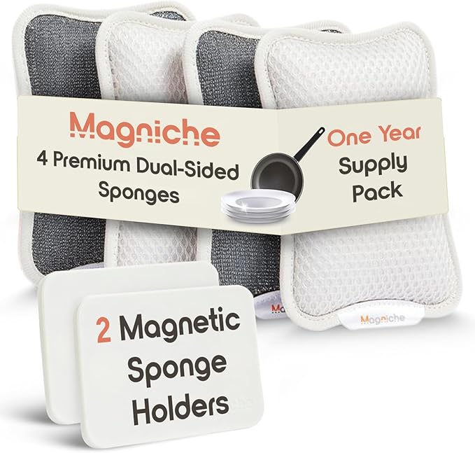 3-in-1 Dishwashing Cleaning Kit - Magnetic Sponge Holder for Kitchen Sink w/ 4-Pack Dual-Sided Dish Sponges Kitchen Set - Reusable Sponges for Dishes & Magnetic Dish Sponge System Starter Kit