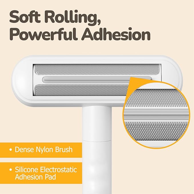 Reusable Pet Hair Remover - Lint Roller for Dog & Cat Fur - for Furniture, Carpet, Clothing - Detachable Handle (White)