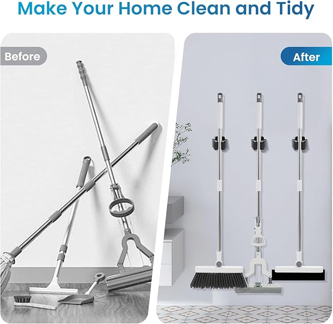 Broom Holder Wall Mount, 4PCS Broom Hanger Wall Mount, Stainless Steel Heavy Duty Mop Holder Broom Mop Hanger Wall with Screws, Garden Outdoor Tool Organizer Rack Broom Hanger (Black)