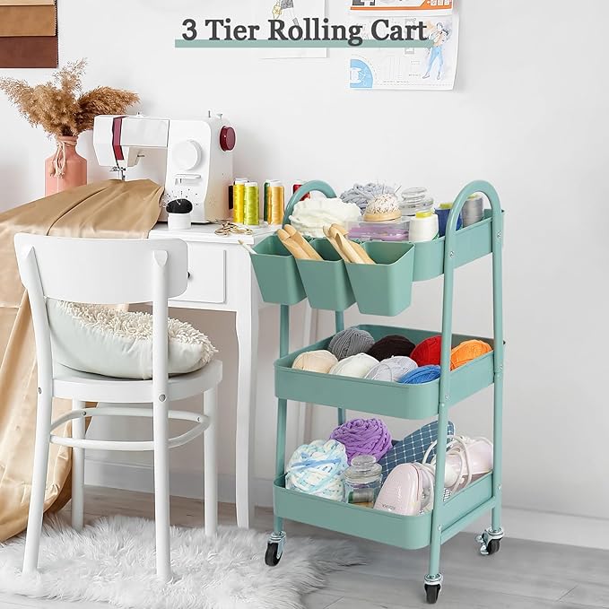 danpinera 3-Tier Rolling Cart, Metal Rolling Storage Cart with Lockable Wheels & Hanging Cups & Hooks, Mobile Trolley for Kitchen, Bathroom, Office, Workshop, Green