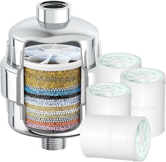 R7 Shower Filter with 4 Replacement Cartridge High Put Shower Water Filter for Hard Water 99.99% Remove Chlorine, Heavy Metals, Shower Water Softener, Improve your skin and hair, Chrome