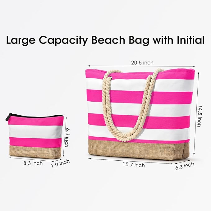 Becokan Beach Bag Initial Beach Tote with Makeup Bag for Travel Work Storage Personalized Birthday Gifts for Women Her