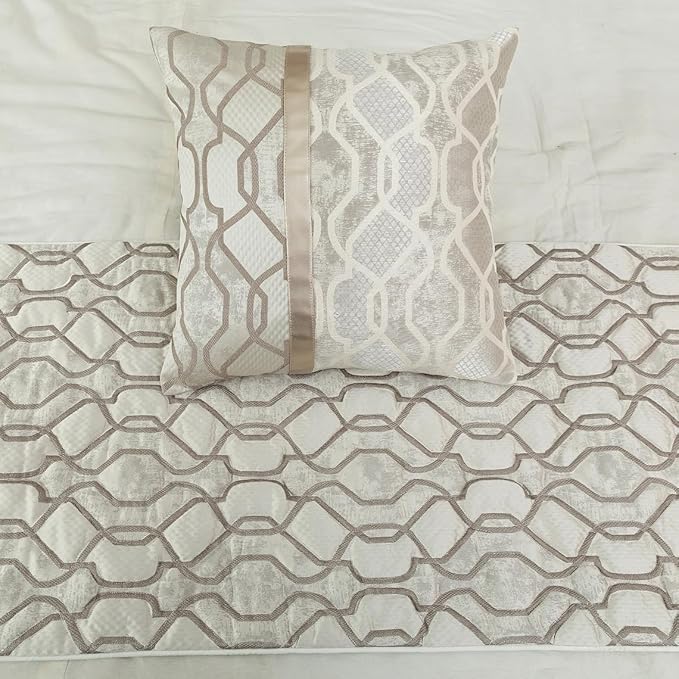 The HomeCentric King/Queen/Twin Ivory & Silver Decorative Twin 53"x18" Bed Runner Without Pillow Cover, Lattice & Quilted Bed Scarf on Jacquard Silk Fabric - Ivory Delicacy