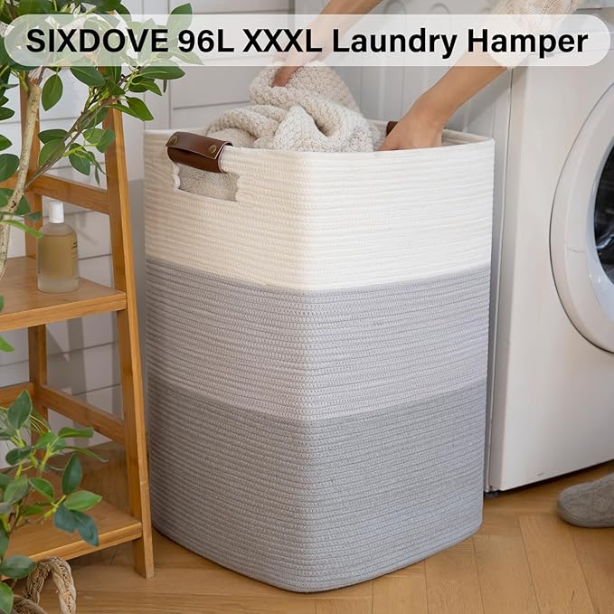 Laundry Hamper 96L Extra Large Laundry Basket, Woven Blanket Basket, Cotton Woven Storage Hamper with Handles for Living Room, Large Baskets for Pillows, Blankets, Clothes-Gradient Grey