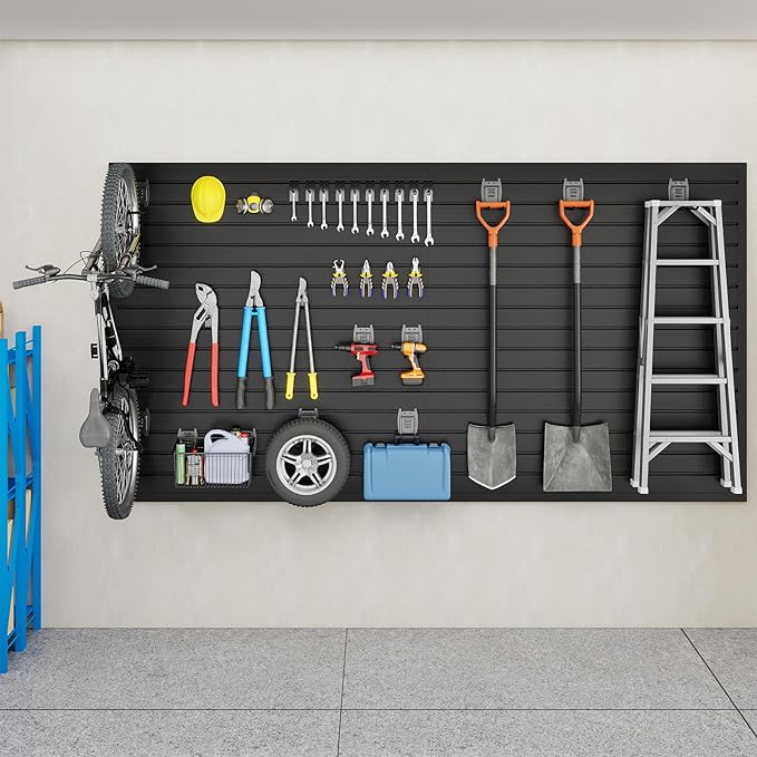 DoCred Slatwall Paneling Organizer, 4x7.5 FT PVC Garage Slat Wall Storage Systems, Heavy Duty Mounted Slat Peg Board for Tool Organization Ladder Bike Rack (Black)