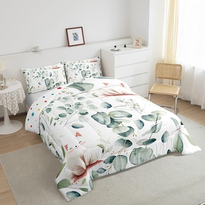 Erosebridal Kawaii Cat Full Bedding Sets for Boys Girls Cartoon Animal Comforter Set, Eucalyptus Leaves Bedding Comforter Sets Pet Kitten Duvet Insert, Tropical Botanical Plants Down Comforter