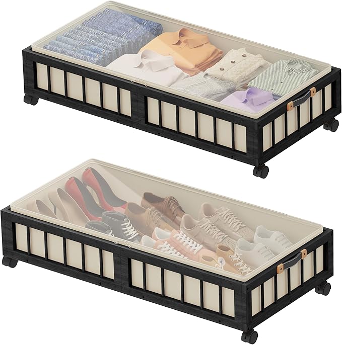 efluky 2-Pack Bamboo Under Bed Storage with Wheels, Rolling UnderBed Storage Basket with Large Dust Bag, Under Bed Storage Containers for Bedroom, Dorm and Basement, Black