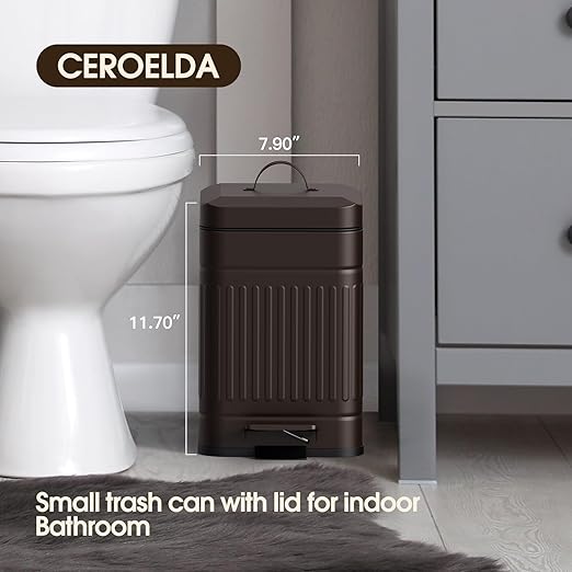 CEROELDA Small Trash Can with Lid-5L/1.3 Gal,Stainless Steel Outdoor Dog Poop Garbage Can-Farmhouse Retro Metal Waste Bin w/Step Pedal for Bathroom Bedroom Office-Soft Close-Brown