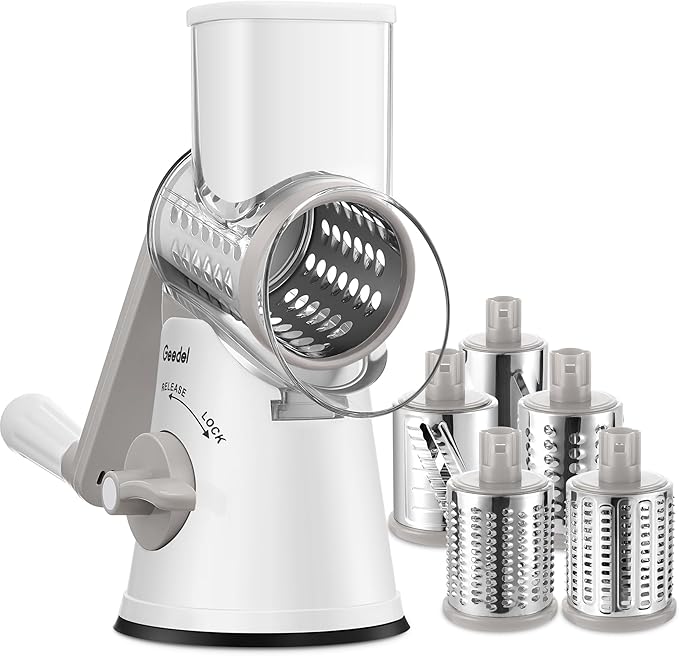 Geedel Rotary Cheese Grater Cheese Shredder with 5 Interchangeable Blades - Upgraded Rotary Grater Featuring Strong Suction Base for Cheese Shredding, Wavy Slicing, Nut Grinding, and Ice Shaving