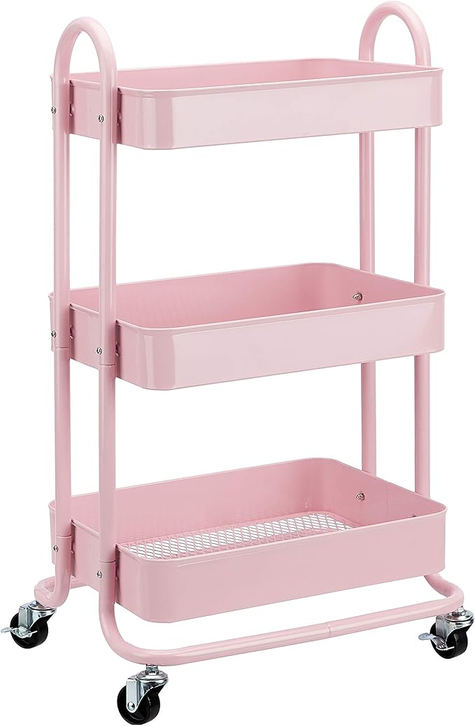 Amazon Basics 3-Tier Rolling Utility or Kitchen Cart, Lockable Wheels, Multifunctional Storage, Dusty Pink