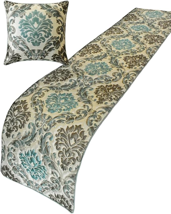 The HomeCentric King/Queen/Twin Blue Designer CA King 86"x18" Bed Runner Without Pillow Cover, Damask Bed Scarf on Jacquard Fabric - Royal Elegance