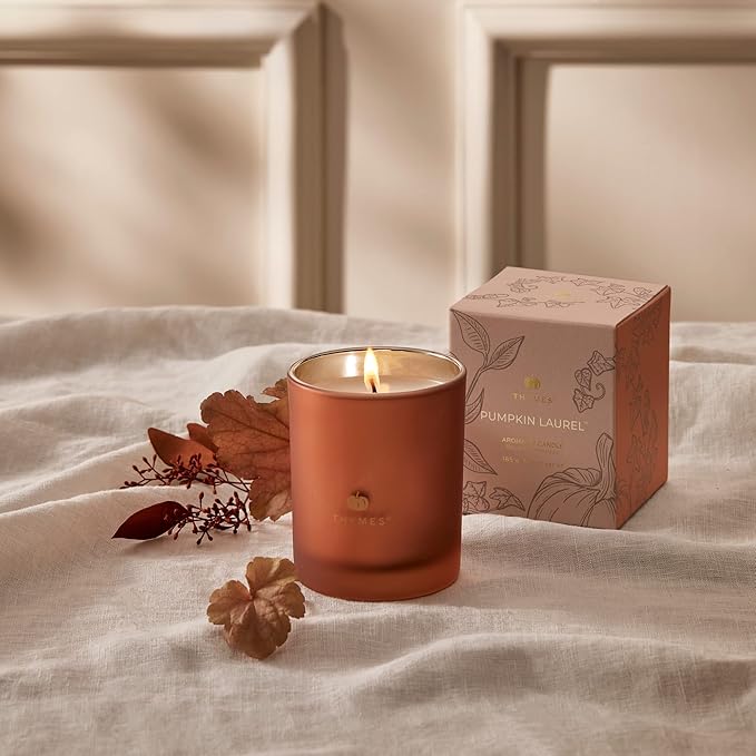Thymes Scented Candles for Home Decor - Luxury Home Fragrance Gifts for Women & Men - Fall Candles with Creamy Pumpkin, Nutmeg, & Cinnamon - Burnt Orange (Pumpkin Laurel, 6.5 oz)
