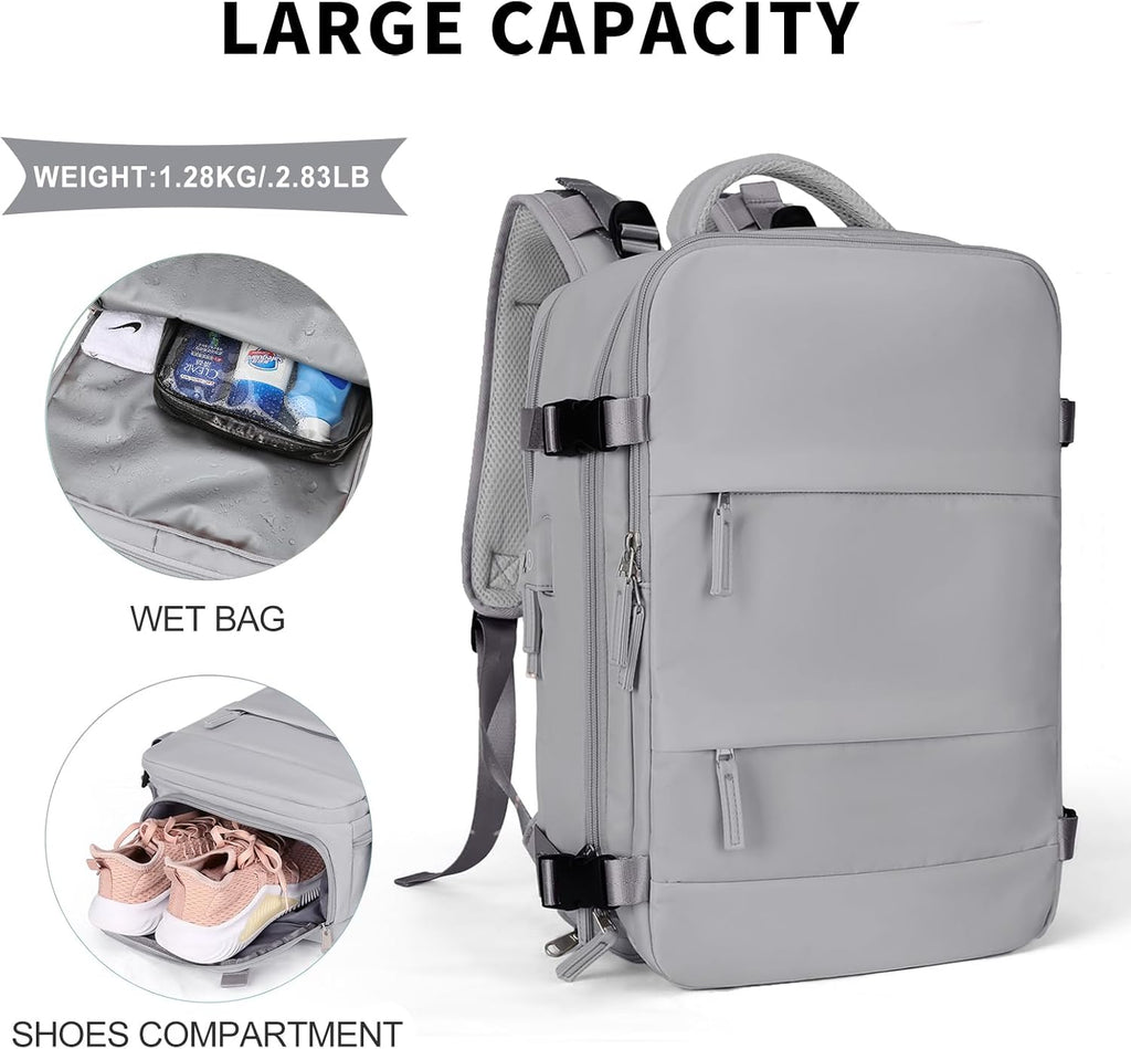 Coowoz Large Travel Backpack For Women Men, Flight Approved, Waterproof Outdoor Sports Rucksack, Casual Daypack, Fit 15.6 Inch Laptop Shoes, Grey