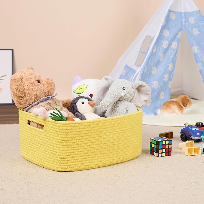 Large Storage Baskets for Shelves, Closet Organizers Bins for Clothes Blanket Towels, Baby Nursery, Toy Baskets Box, Woven Rope Baskets, 17 x 13 x 7.5”, 3 Packs Yellow