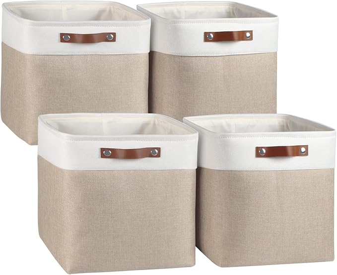 Univivi 4 PC 13 Inch Cube Storage Baskets with Hard Bottom for Shelves Foldable Storage Baskets for Closet Storage Clothes,Cube Storage Bin, Storage Basket with Handles for Organizing (Khaki)